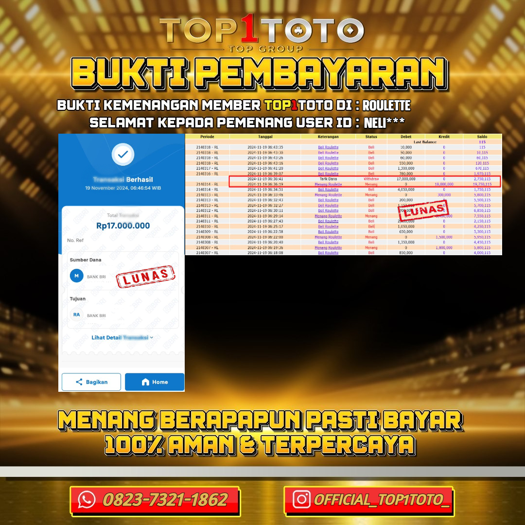 TOP1TOTO JACKPOT LIVE GAMES ROULETTE Rp17.000.000 - LUNAS USER ID : NELI***