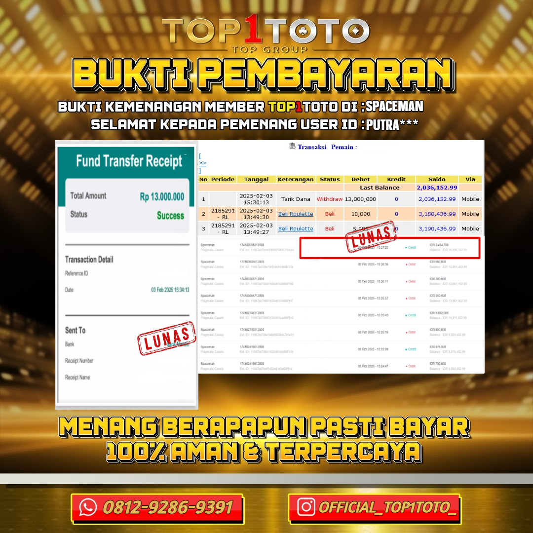 TOP1TOTO JACKPOT SLOT SPACEMAN Rp.13.000.000,- LUNAS USER ID : PUTRA***