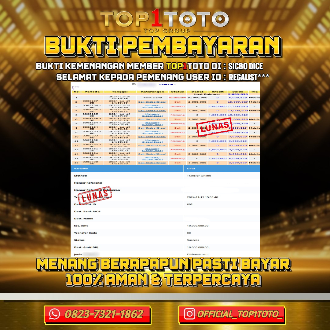 TOP1TOTO JACKPOT LIVE GAMES SICBO DICE Rp.10.000.000 - LUNAS USER ID : REGALIST***