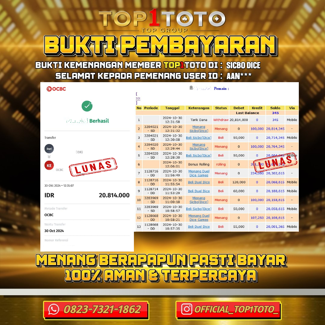 TOP1TOTO JACKPOT LIVE GAMES SICBO DICE Rp.20.000.000 - LUNAS USER ID : AAN***