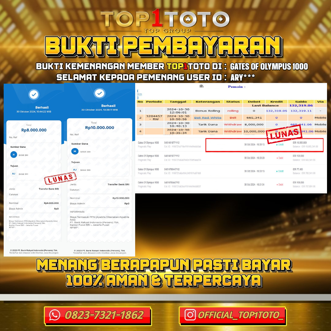 TOP1TOTO JACKPOT SLOT GATES OF OLYMPUS 1000 Rp.18.000.000 - LUNAS USER ID : ARY***