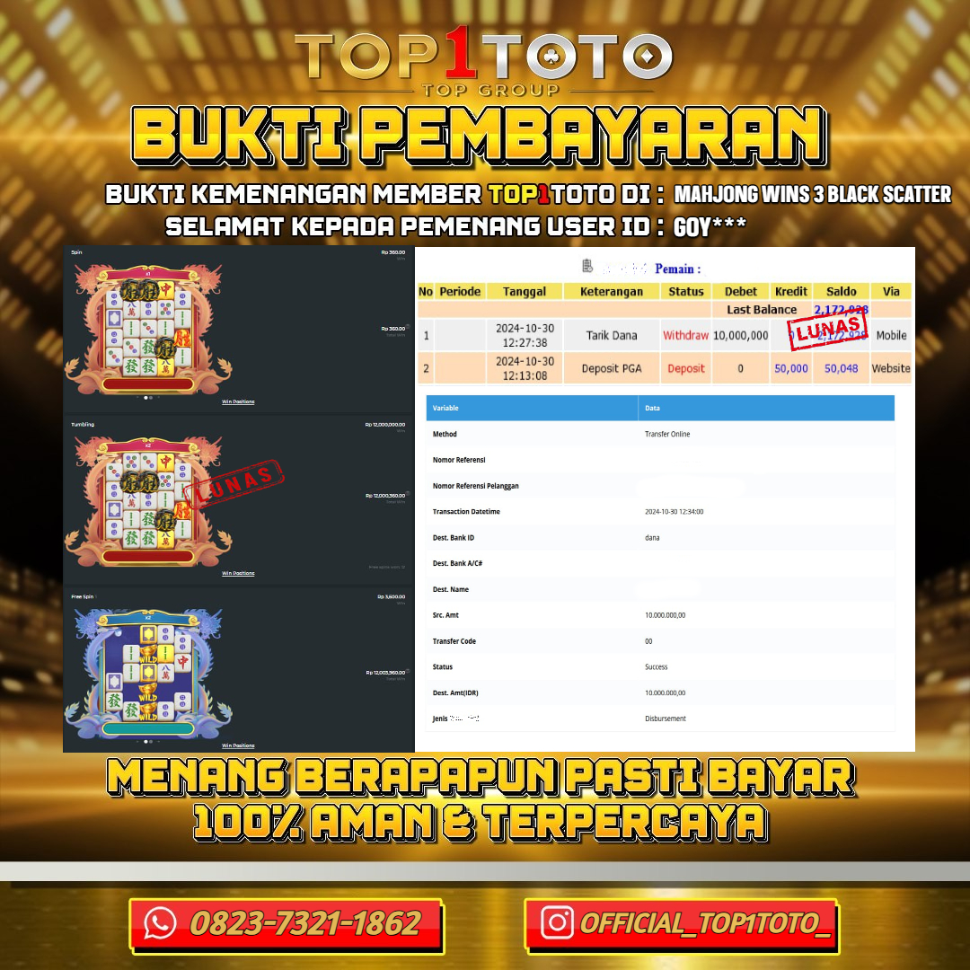 TOP1TOTO JACKPOT SLOT MAHJONG WINS 3 BLACK SCATTER  Rp.10.000.000,- LUNAS USER ID : GOY***