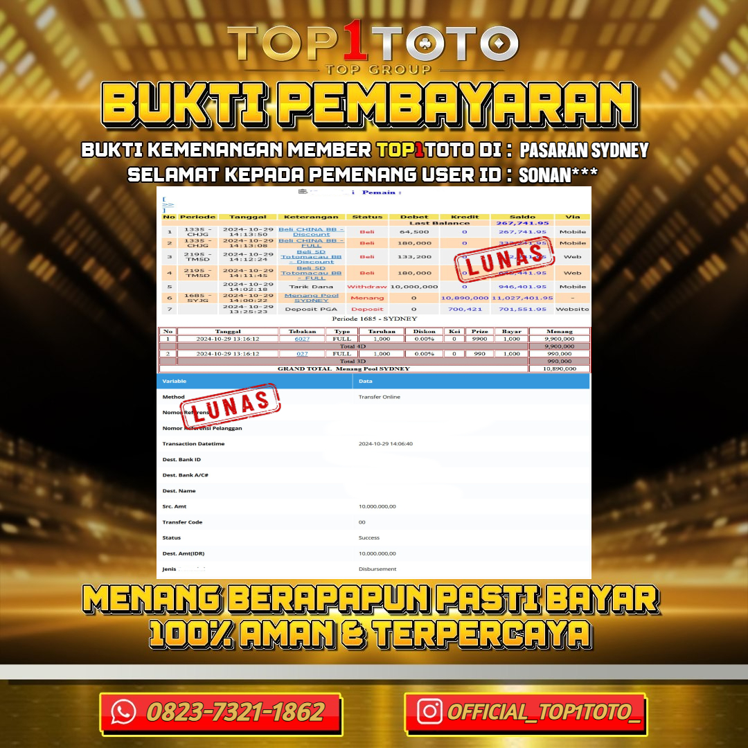 TOP1TOTO JACKPOT TOGEL SYDNEY Rp.10.000.000,- LUNAS USER ID : SONAN***