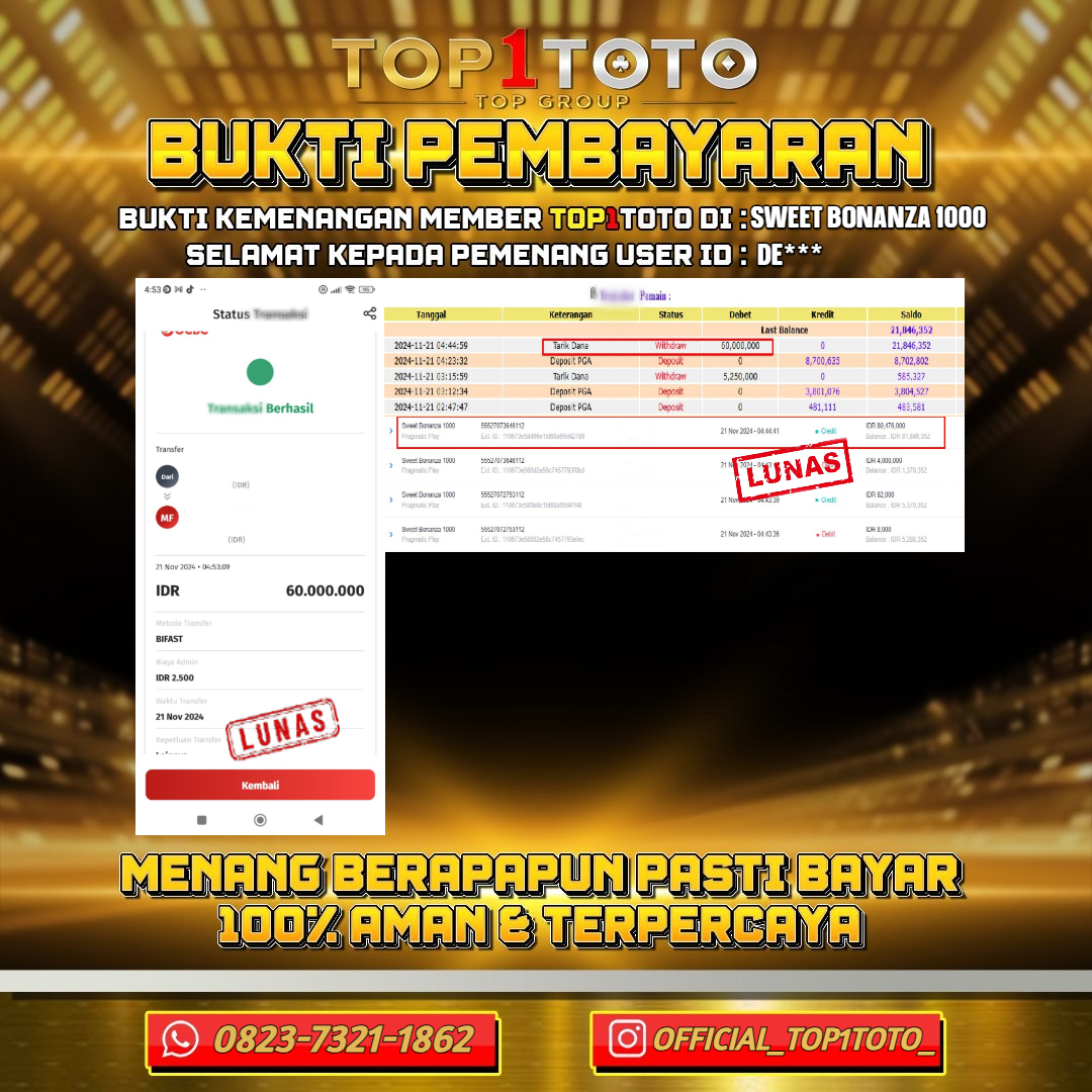 TOP1TOTO JACKPOT SLOT SWEET BONANZA 1000 Rp.60.000.000 - LUNAS USER ID : DE***