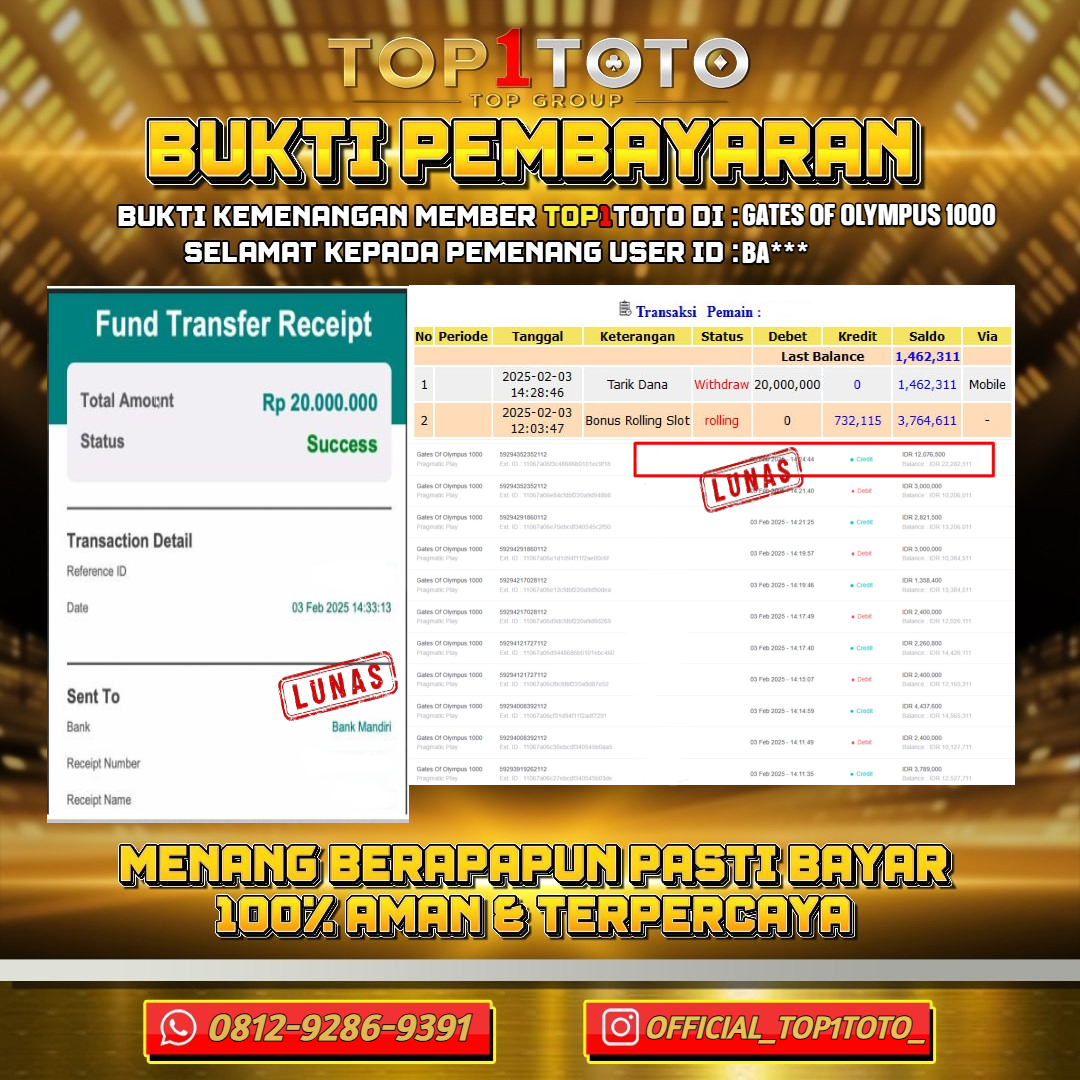 TOP1TOTO JACKPOT SLOT GATES OF OLYMPUS 1000 Rp.20.000.000,- LUNAS USER ID : BA***