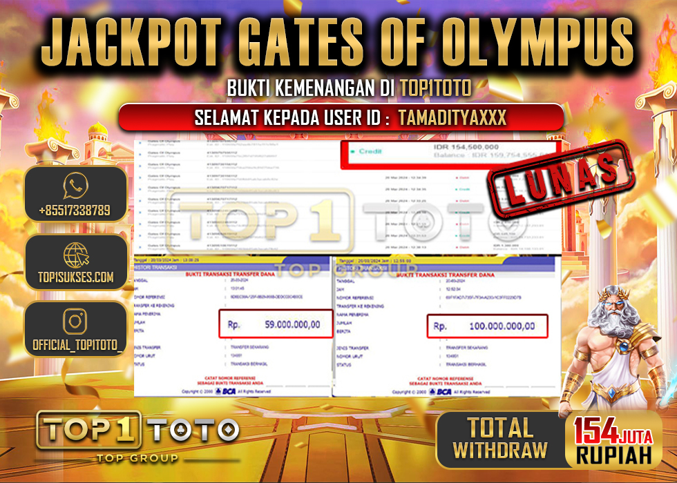 TOP1TOTO JACKPOT GATES OF OLYMPUS  RP.154.000.000 - LUNAS