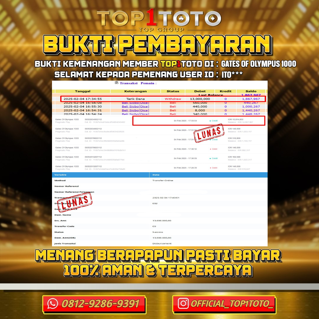 TOP1TOTO JACKPOT SLOT GATES OF OLYMPUS 1000 Rp.13.000.000 - LUNAS USER ID : ITO***