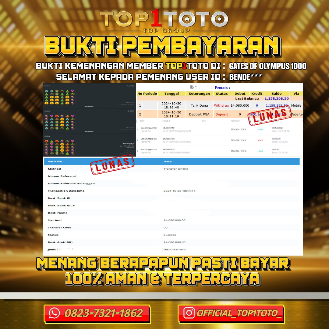 TOP1TOTO JACKPOT SLOT GATES OF OLYMPUS 1000 Rp.14.000.000 - LUNAS USER ID : BENDE***