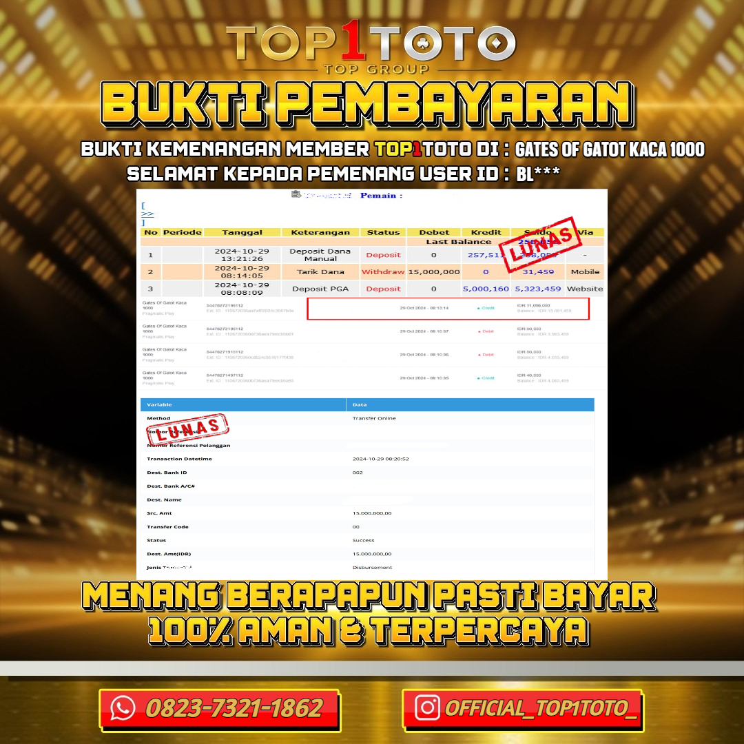 TOP1TOTO JACKPOT SLOT GATES OF GATOT KACA 1000  Rp.15.000.000,- LUNAS USER ID : BL***