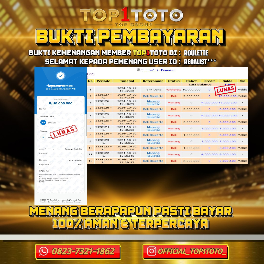 TOP1TOTO JACKPOT LIVE GAMES ROULETTE Rp 10.000.000,- LUNAS USER ID : REGALIST***