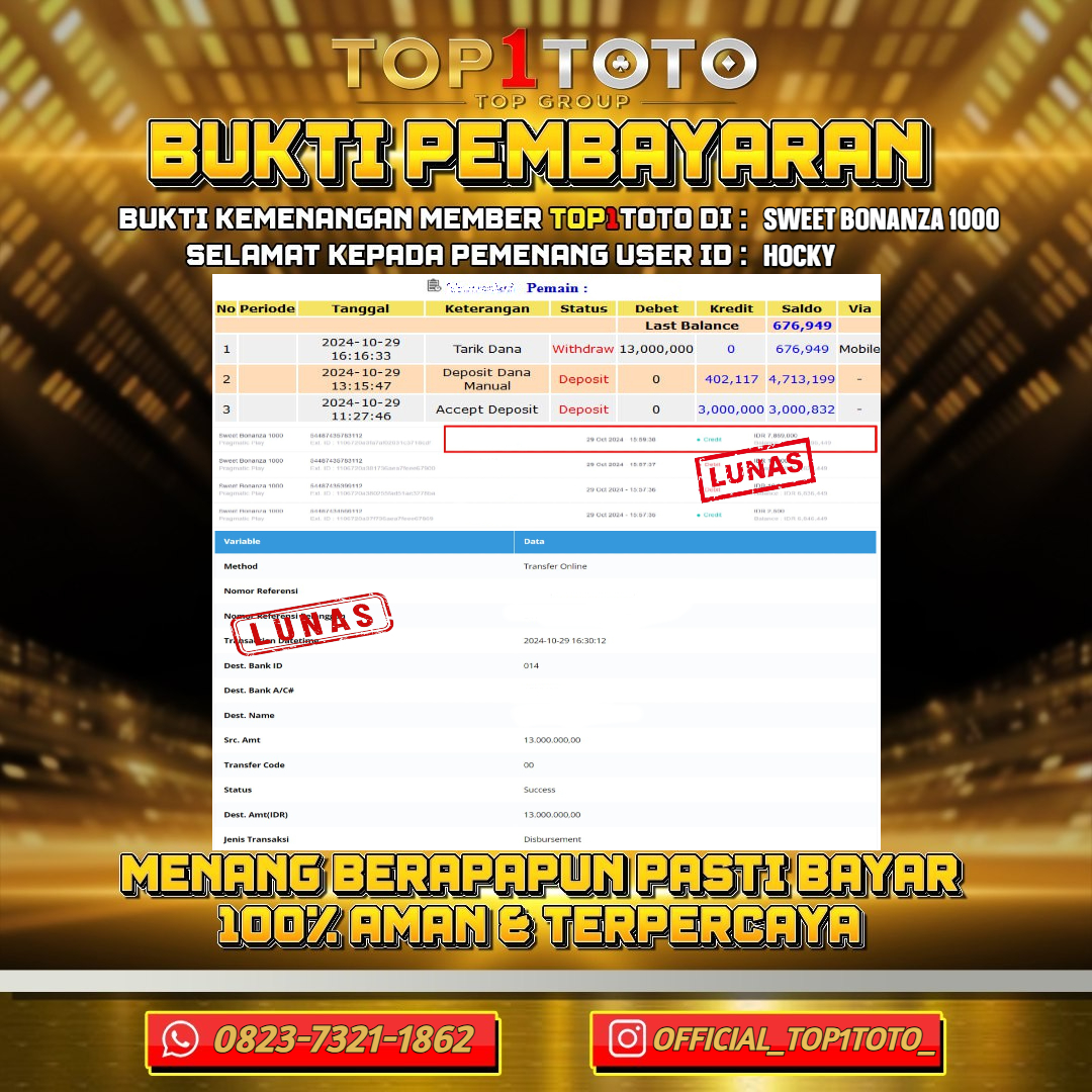 TOP1TOTO JACKPOT SLOT SWEET BONANZA 1000 Rp.13.000.000 - LUNAS USER ID : HOCKY***