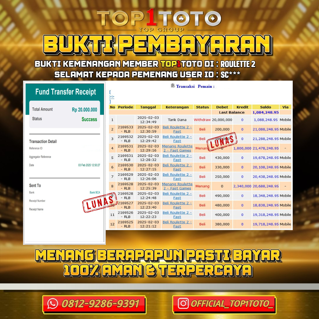 TOP1TOTO JACKPOT SLOT LIVE GAMES ROULETTE 2 Rp.20.000.000,- LUNAS USER ID : SC***