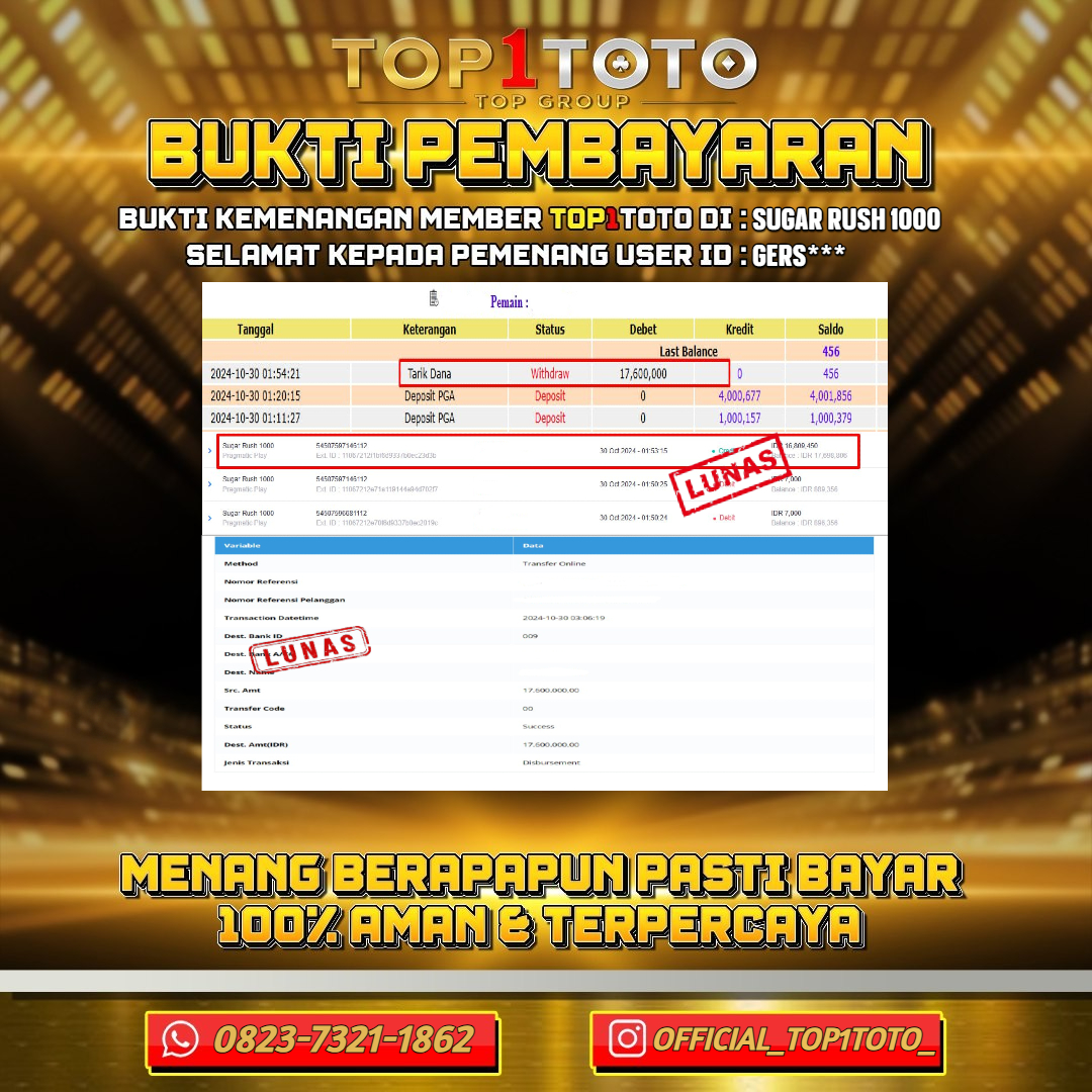 TOP1TOTO JACKPOT SLOT SUGAR RUSH 1000 Rp.17.000.000 - LUNAS USER ID : GERS***