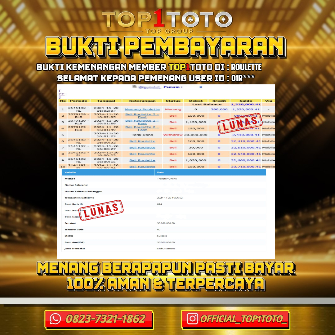 TOP1TOTO JACKPOT CASINO ROULETTE Rp.30.000.000 - LUNAS USER ID : 01R***