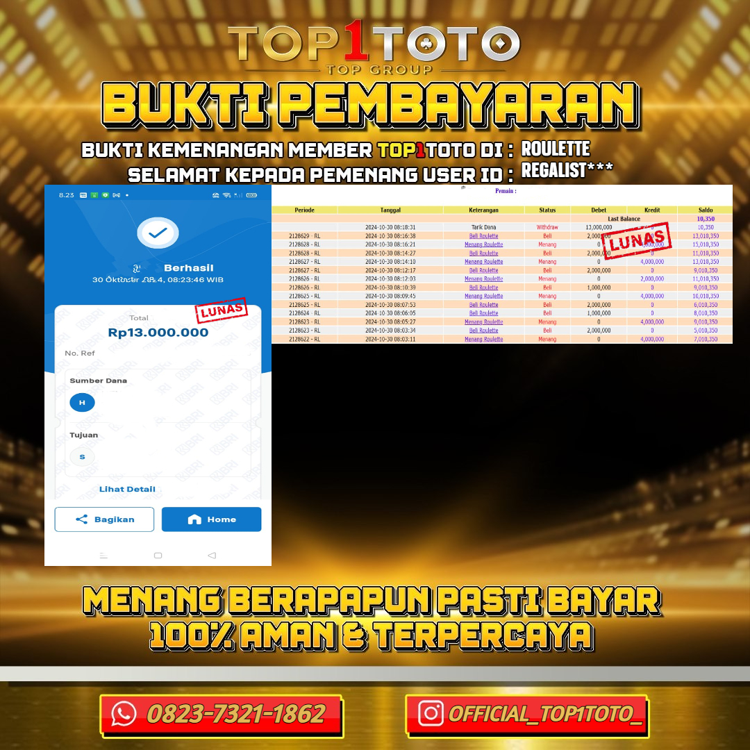 TOP1TOTO JACKPOT LIVE GAMES ROULETTE Rp.13.000.000,- LUNAS USER ID : REGALIST***